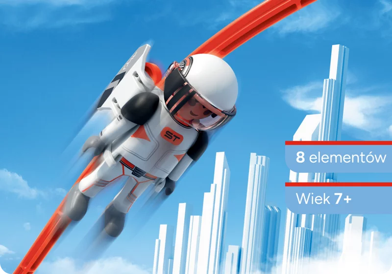 Astronaut z plecakiem odrzutowym na czerwonym torze Sky Trails - z futurystyczn sceneri w tle. Zabawa dla dzieci od 7 lat