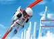 Figura de astronauta na pista com fundo futurista. Astronauta com jetpack na pista vermelha SKY TRAILS diante de um skyline futurista – brinquedo de construção espacial para crianças a partir dos 7 anos.