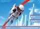 Astronautenfigur auf Strecke mit futuristischem Hintergrund. Astronautenfigur mit Jetpack auf roter Sky Trails Schiene vor futuristischer Skyline ? Konstruktionsspielzeug ab 7 Jahren mit Weltraumthema