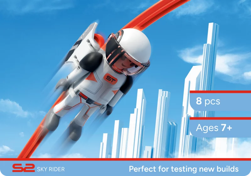 Astronautenfigur auf Strecke mit futuristischem Hintergrund. Astronautenfigur mit Jetpack auf roter Sky Trails Schiene vor futuristischer Skyline ? Konstruktionsspielzeug ab 7 Jahren mit Weltraumthema