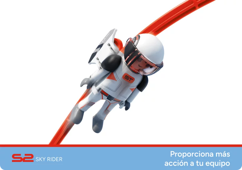 Figur Sky Rider fährt auf der Strecke. SKY TRAILS Sky Rider Figur in Aktion auf gebogener Schiene ? ideales Erweiterungsset für Strecken mit Weltraumcharakter ab 7 Jahren