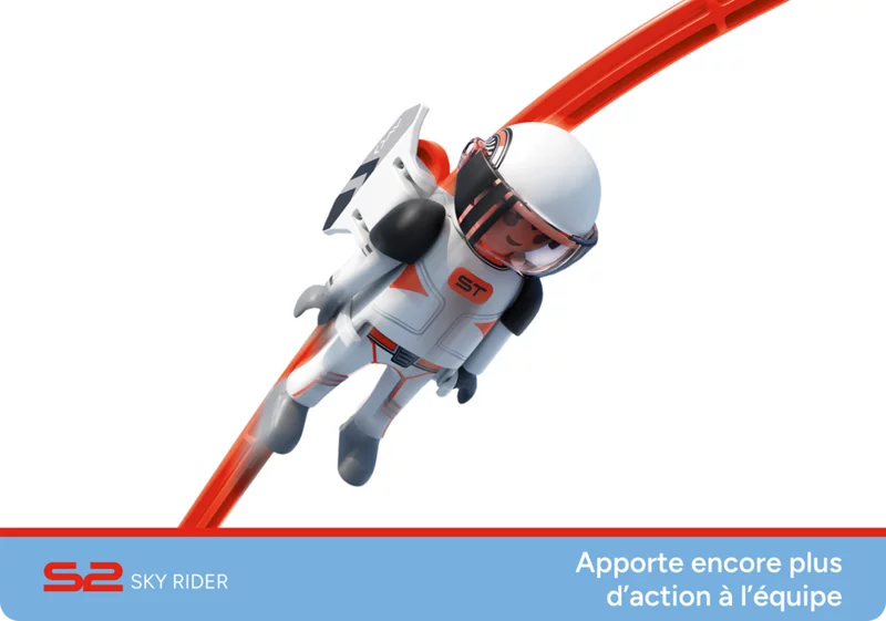 Figurine Sky Rider roulant sur la piste. Figurine SKY TRAILS Sky Rider en action sur un rail courbé - extension idéale pour des pistes à thème spatial dès 7 ans.