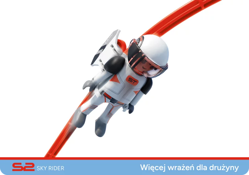 Sky Rider na torze - figurka wycigowa w akcji na zakrzywionej szynie Sky Trails, wietne rozszerzenie dla dzieci 7+