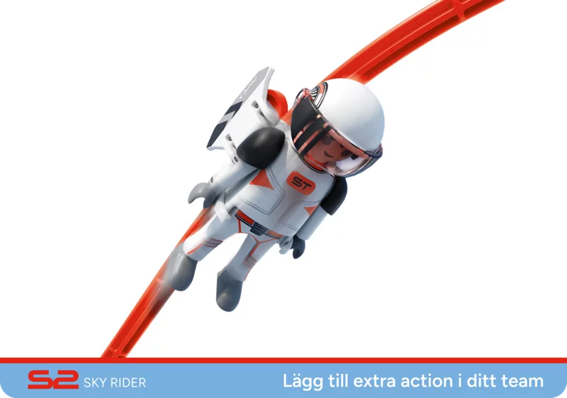 Sky Rider-figur kör på banan. SKY TRAILS Sky Rider-figur i aktion på en böjd räls – perfekt expansionsset för banor med rymdtema, för barn från 7 år.