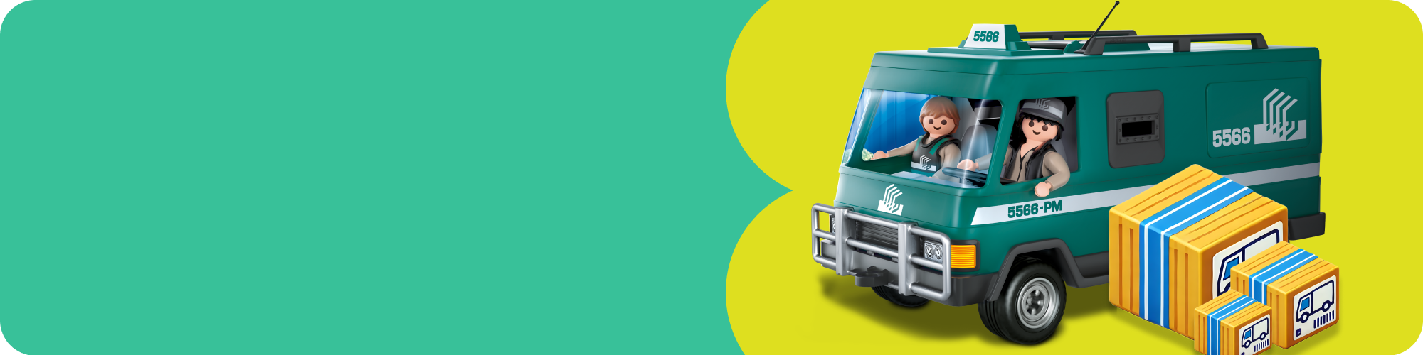 PLAYMOBIL 2025 catalog banner featuring a teal van with two characters inside, along with several colorful cargo boxes, under the header 'Discover PLAYMOBIL Catalogues'