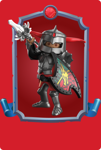 Playmobil Dragon Tamer Korrin w ciemnej zbroi trzymający za towarzysza smoka, doświadczony mistrz bestii, kt&oacute;ry szkoli potężne smoki do bitew fantasy.