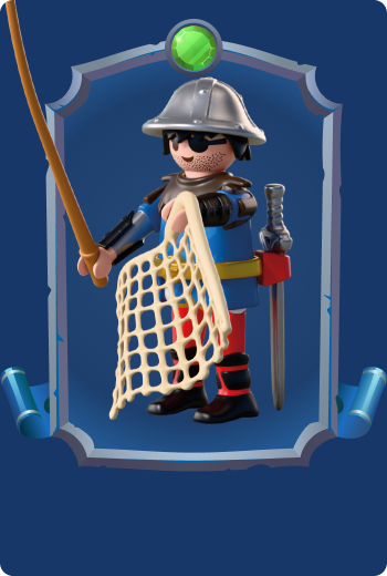 Playmobil Ca&ccedil;ador de Drag&otilde;es Quill carregando equipamento de ca&ccedil;a e uma rede, experiente rastreador de drag&otilde;es dos Cavaleiros do Le&atilde;o que embarca em &eacute;picas aventuras de fantasia medieval.