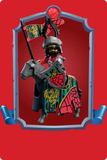 Playmobil Pr&iacute;ncipe Daron montando um cavalo escuro com armadura e o estandarte dos Cavaleiros do Drag&atilde;o, comandando o Reino das Sombras em &eacute;picas aventuras de fantasia medieval.