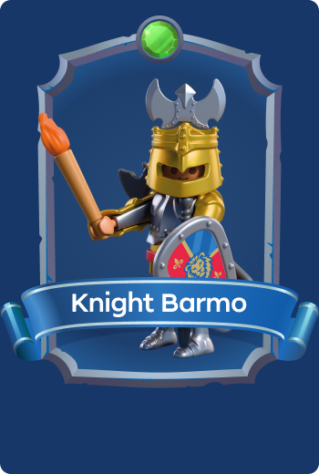 Playmobil Knight Barmo in golden helmet with torch and shield, veteran Lion Knights warrior guarding Leontaris Castle in fantasy adventures.