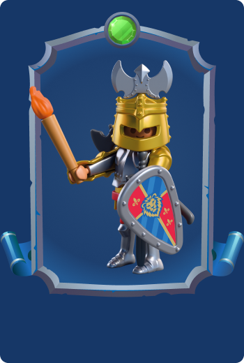 Playmobil Knight Barmo in golden helmet with torch and shield, veteran Lion Knights warrior guarding Leontaris Castle in fantasy adventures.