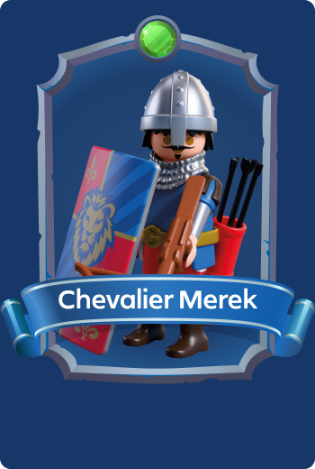 Playmobil Knight Merek armed with crossbow and shield, skilled Lion Knights archer defending castle walls in medieval fantasy adventures.