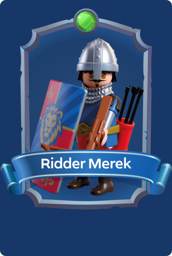 Playmobil Knight Merek armed with crossbow and shield, skilled Lion Knights archer defending castle walls in medieval fantasy adventures.