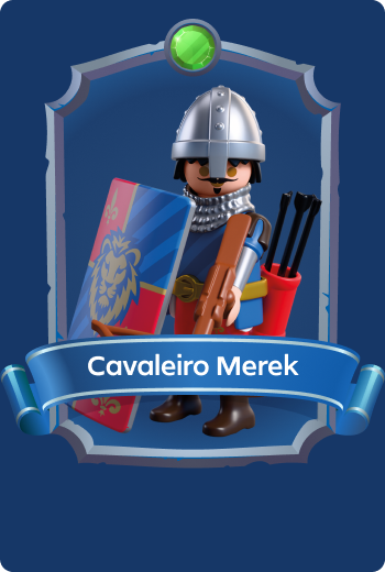 Playmobil Cavaleiro Merek armado com uma besta e um escudo, habilidoso arqueiro dos Cavaleiros do Le&atilde;o que defende as muralhas do castelo em aventuras de fantasia medieval.