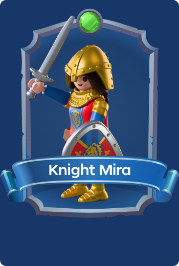 Playmobil Knight Mira wielding a sword and Lion Knights shield, courageous royal warrior protecting Leontaris from fantasy threats and enemy invasions.