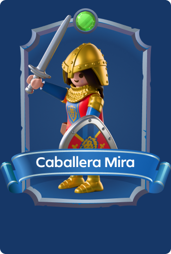 Playmobil Caballera Mira empu&ntilde;ando una espada y el escudo de los Caballeros del Le&oacute;n, valiente guerrera real que protege Leontaris de amenazas fant&aacute;sticas e invasiones enemigas.