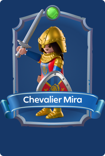 Playmobil Knight Mira wielding a sword and Lion Knights shield, courageous royal warrior protecting Leontaris from fantasy threats and enemy invasions.