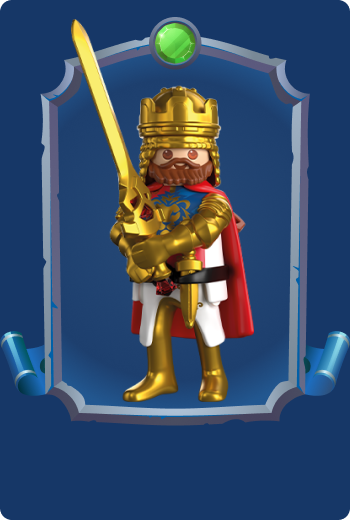 Playmobil King Alrik, noble ruler of the Lion Knights, wearing golden royal armor, crown and sword, leading the kingdom of Leontaris in medieval fantasy adventures.