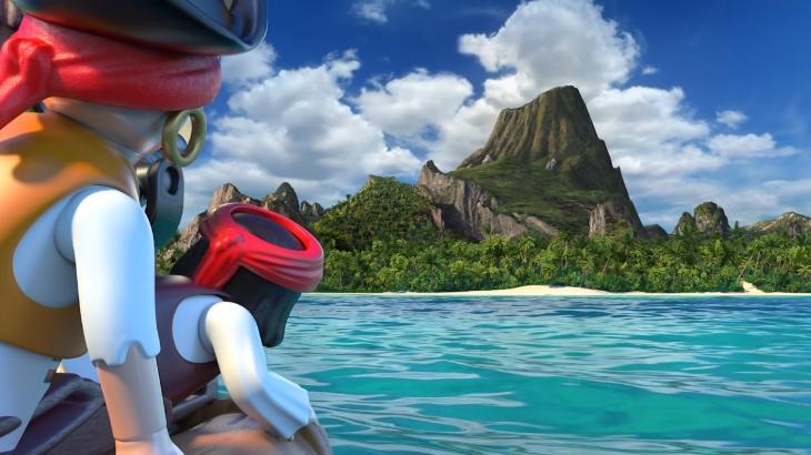 PLAYMOBIL Piraten auf einem Boot vor Crystal Skull Island &ndash; Szene aus dem Abenteuer mit Manta-Hunter Myles und Crew im Kampf gegen den Dark Kraken