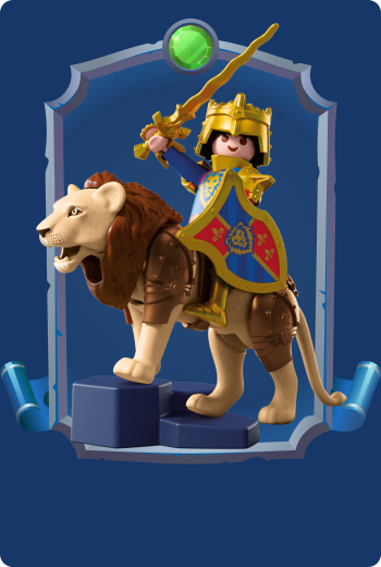 Playmobil Lord Jaro riding Roarclaw the lion, heroic Lion Knights champion leading royal defenders through epic medieval fantasy quests and battles.