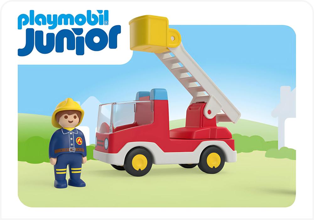 "PLAYMOBIL Junior promotional banner showing a young firefighter figure next to a red fire truck with an extendable ladder, set against a simple green and blue backdrop. The banner is labeled 'PLAYMOBIL Junior' and invites viewers to explore playsets for children aged 1-4."