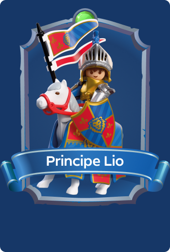 Playmobil Prince Lio riding a white horse with Lion Knights banner and shield, brave heir to the kingdom of Leontaris in medieval fantasy adventures.