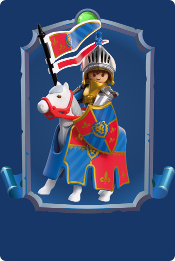 Playmobil Książę Lio jadący na białym koniu ze sztandarem i tarczą Rycerzy Lwa, odważny dziedzic kr&oacute;lestwa Leontaris w średniowiecznych przygodach fantasy.