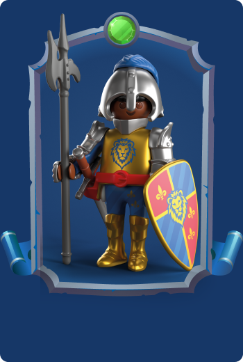 Playmobil Pr&iacute;ncipe Roran com armadura reluzente, lan&ccedil;a e escudo, nobre pr&iacute;ncipe dos Cavaleiros do Le&atilde;o que defende Leontaris em aventuras de fantasia medieval.