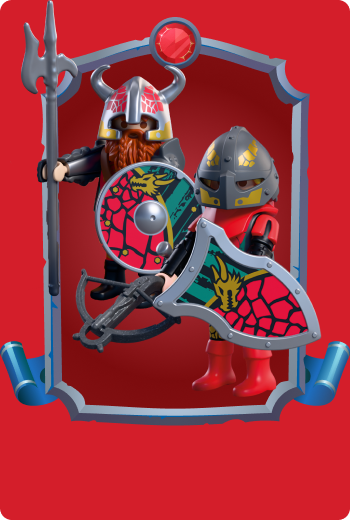 Playmobil Caballeros Rothan y Orvik equipados con lanza, espada y escudos con emblema de drag&oacute;n, poderosos guerreros de los Caballeros Drag&oacute;n que defienden el Reino de las Sombras.
