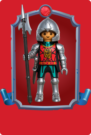 Playmobil Knight Skara carrying a spear and dragon crest armor, courageous Dragon Knights warrior embarking on medieval fantasy adventures.