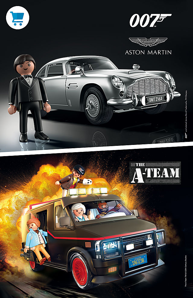 Image shows James Bond and his Aston Martin and the A-Team van with a wall of fire behind it against a black background discover the playsets 70578 and 70750