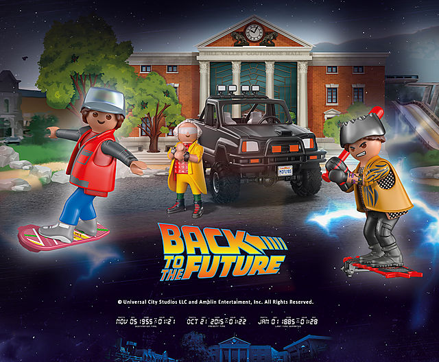 Discover the PLAYMOBIL Back to the Future playsets with 70633 Back to the Future Marty's Pick-up Truck and 70634 Back to the Future Part II Hoverboard Chase