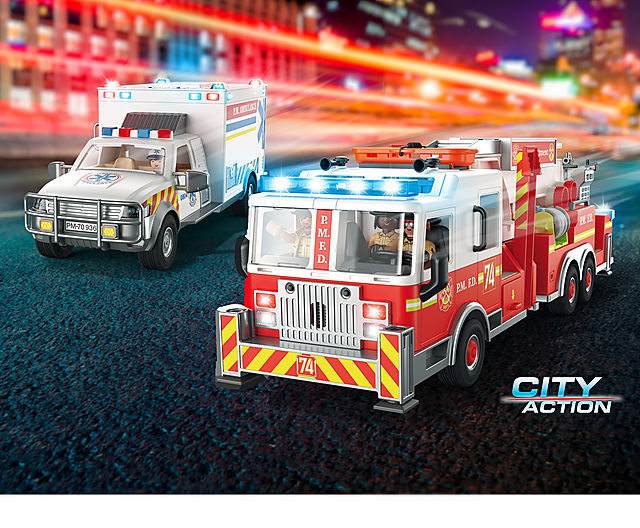 Discover the US Rescue Vehicles 70935 Rescue Vehicles: Fire Engine with Tower Ladder and 70936 Rescue Vehicles: Ambulance with Lights and Sound