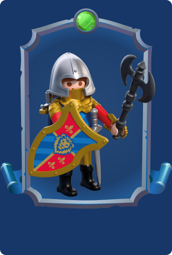Playmobil Sir Galdo, zbrojny wojownik Rycerzy Lwa uzbrojony w top&oacute;r bojowy i tarczę, broniący zamku Leontaris w epickich średniowiecznych bitwach fantasy.