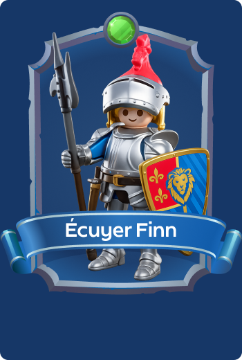 Playmobil Squire Finn in silver armor with spear and Lion Knights shield, training to become a brave defender of the kingdom in medieval fantasy adventures.