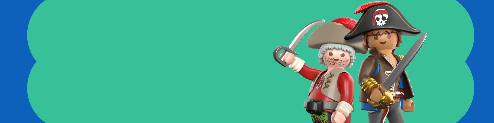 Playmobil pirate figures with swords on a green and blue background, promoting toys for 5-year-old children