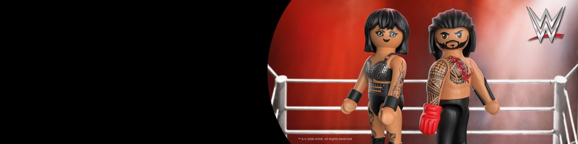 PLAYMOBIL WWE worstelaarfiguren met worstelringachtergrond, opvallende tatoeages en wrestlingoutfits voor spectaculaire wedstrijden en verzamelaars.