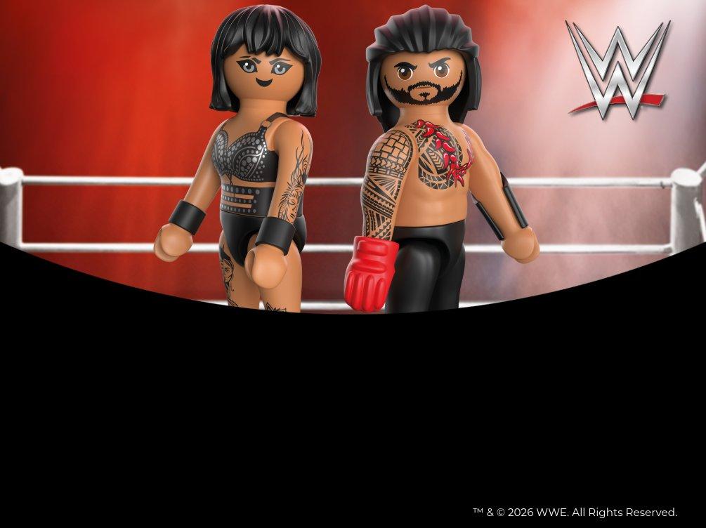 Figurines de catcheurs PLAYMOBIL WWE avec d&eacute;cor de ring, tatouages distinctifs et tenues de catch pour des combats spectaculaires et les collectionneurs.