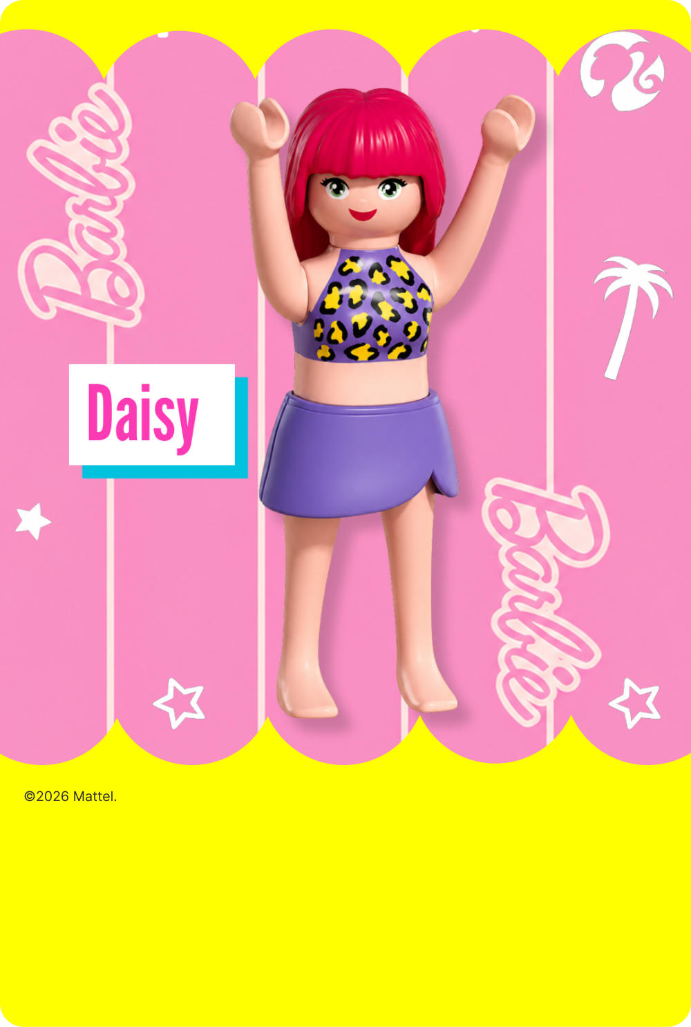 PLAYMOBIL x Barbie Daisy figure with pink hair, patterned top and purple skirt.