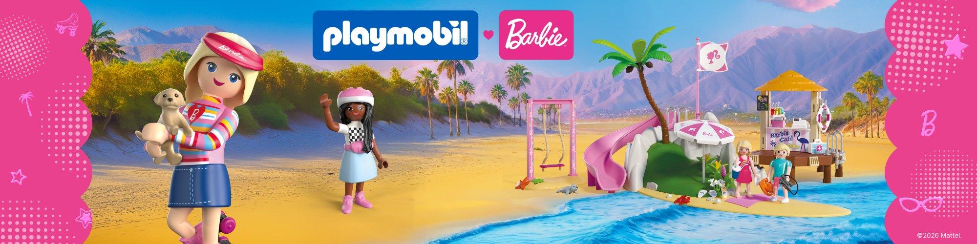 PLAYMOBIL x Barbie beach world with Barbie figures, caf&eacute;, water slide, swing and summer playsets by the beach.