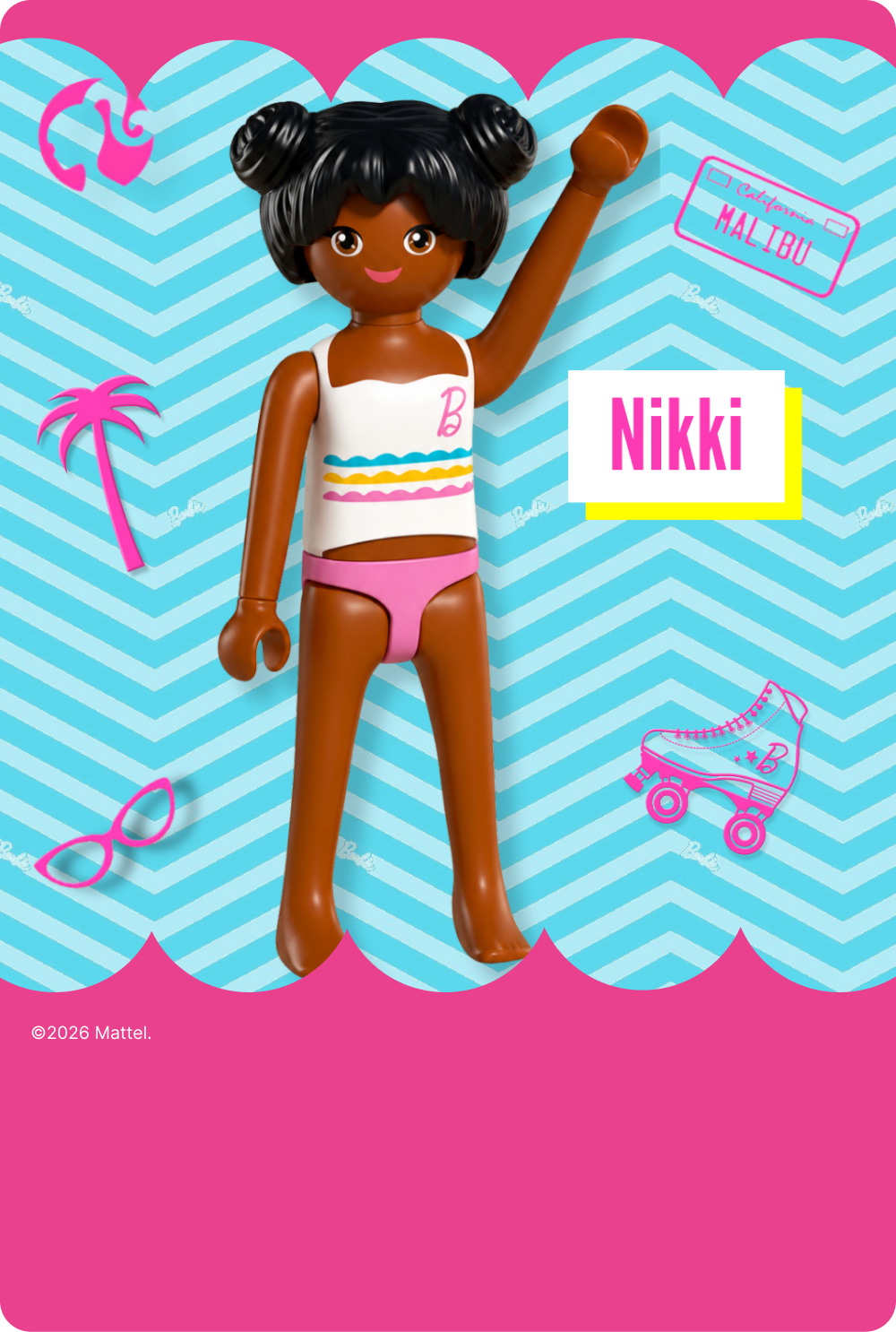 PLAYMOBIL x Barbie Nikki figure with styled hair and a colourful summer beach outfit.