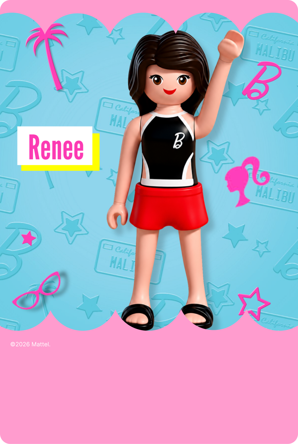 PLAYMOBIL x Barbie Renee figure with long dark hair and a sporty black and red outfit.