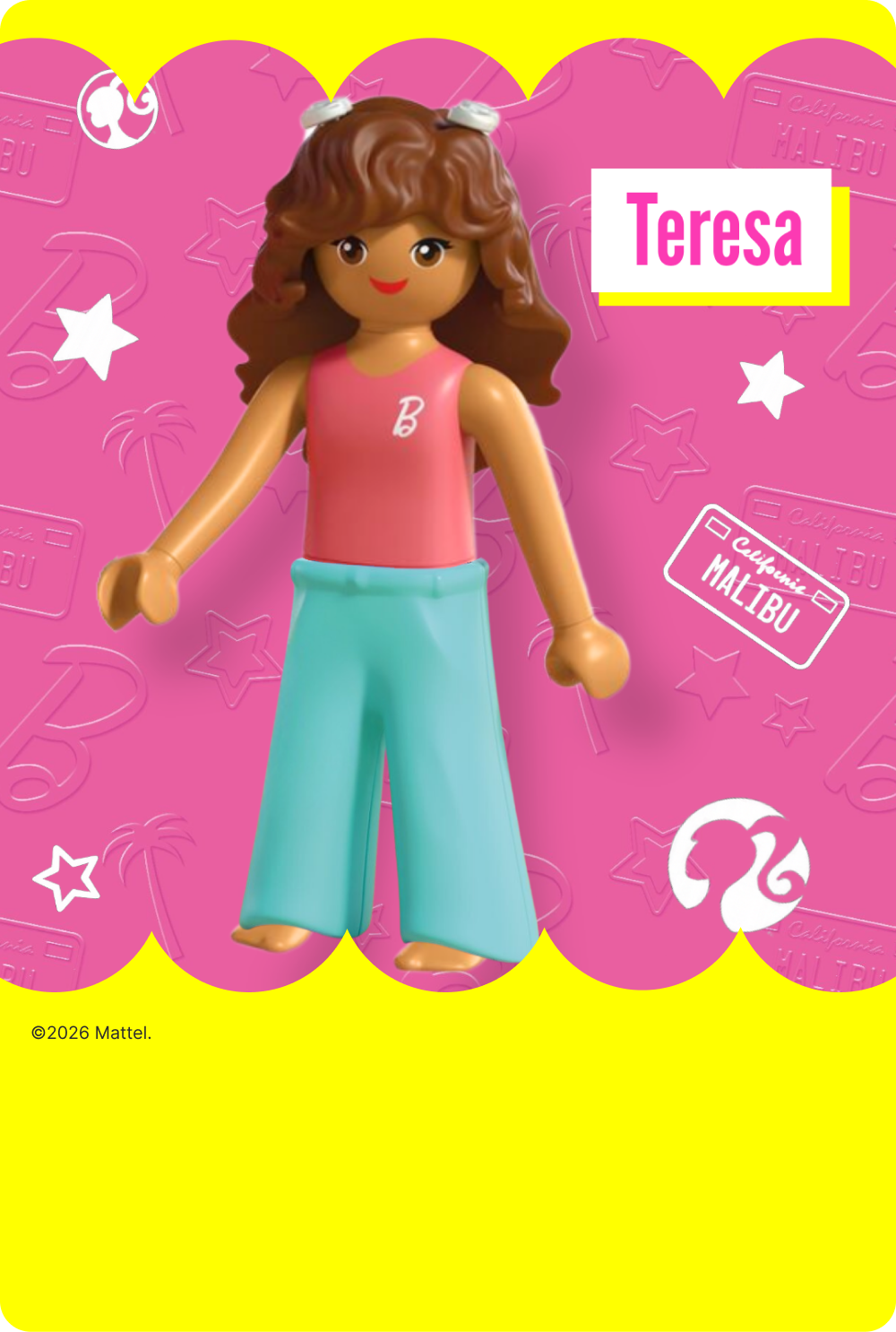PLAYMOBIL x Barbie Teresa figure with long brown hair, pink top and turquoise trousers.