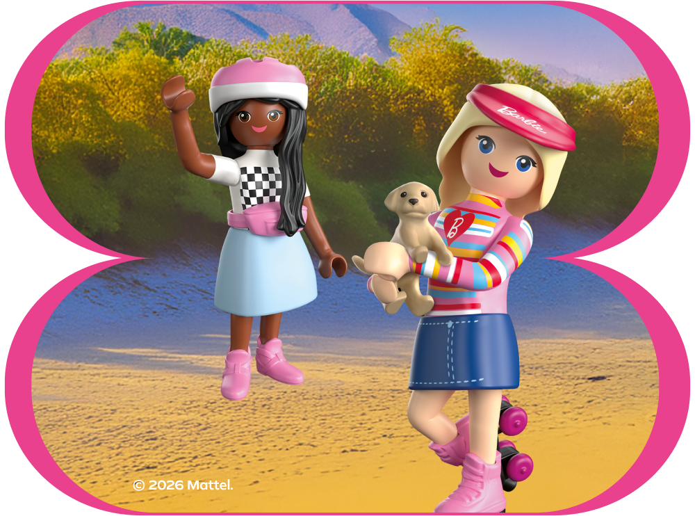 PLAYMOBIL x Barbie Brooklyn and Malibu at the beach with roller skates and a puppy for sunny summer adventures.