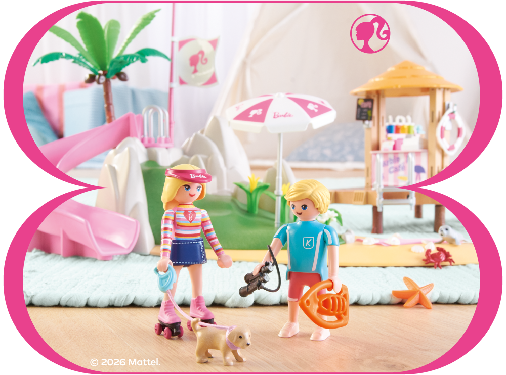PLAYMOBIL x Barbie and Ken with a puppy and beach accessories in a summer beach setting with a slide and caf&eacute;.
