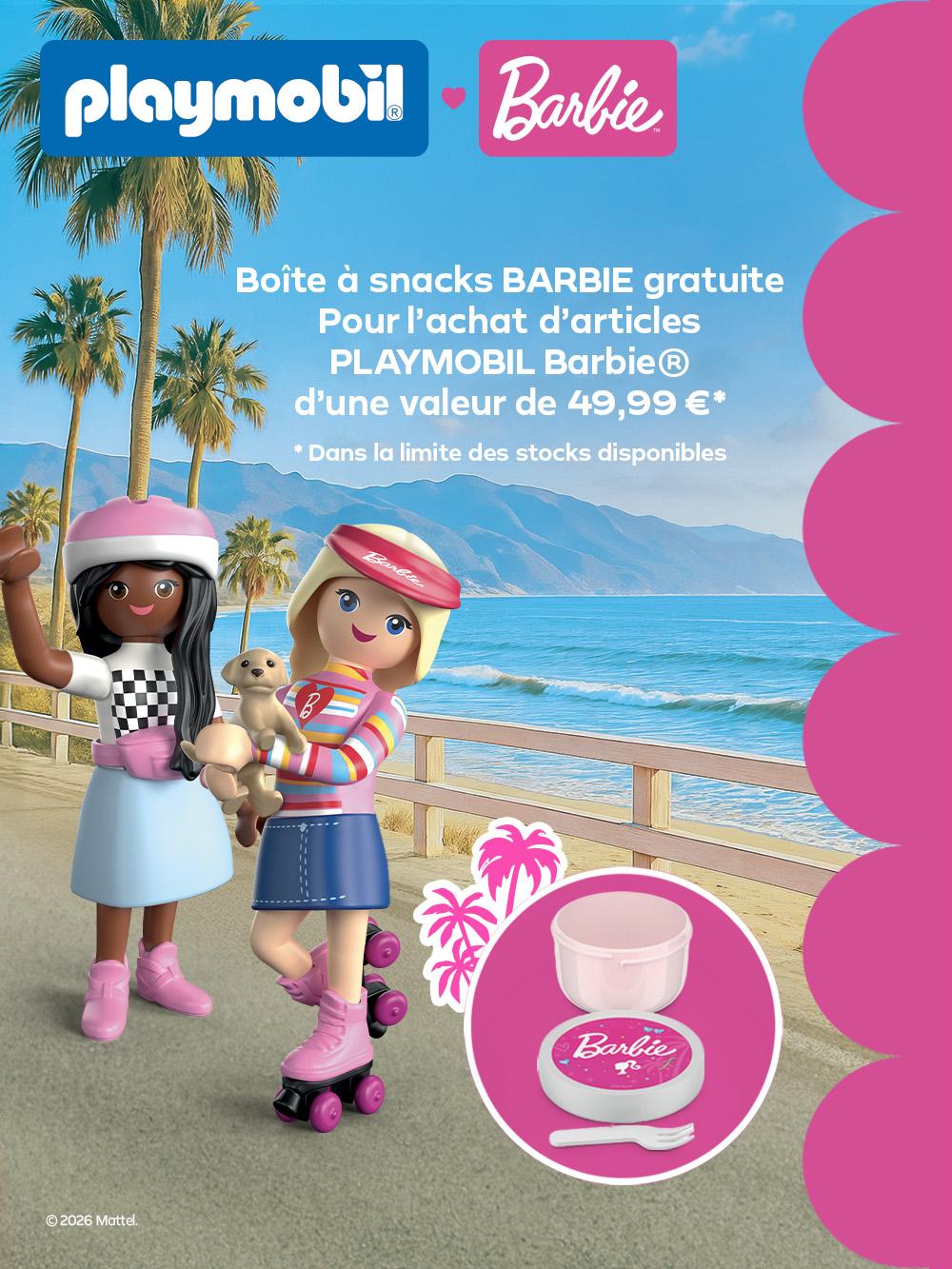 Promotion PLAYMOBIL Barbie : bo&icirc;te &agrave; snacks Barbie offerte pour tout achat d&rsquo;articles PLAYMOBIL &agrave; partir de 49,99 &euro;.