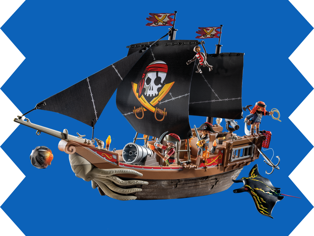 PLAYMOBIL Piratenschiff mit schwarzem Segel, Piratencrew, Kanone, Ruderboot und Manta-Rochen &ndash; detailreiches Piraten Spielzeug ab 4 Jahren aus der Welt von Crystal Skull Island