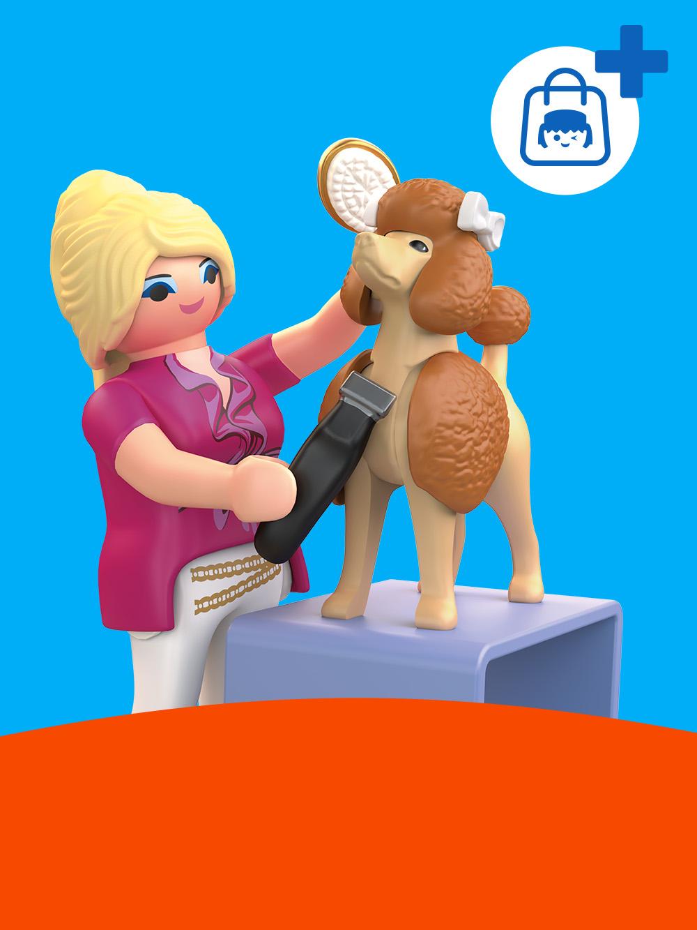 Casa delle bambole PLAYMOBIL in stile vittoriano con balconi decorati e personaggi di famiglia su sfondo rosa.