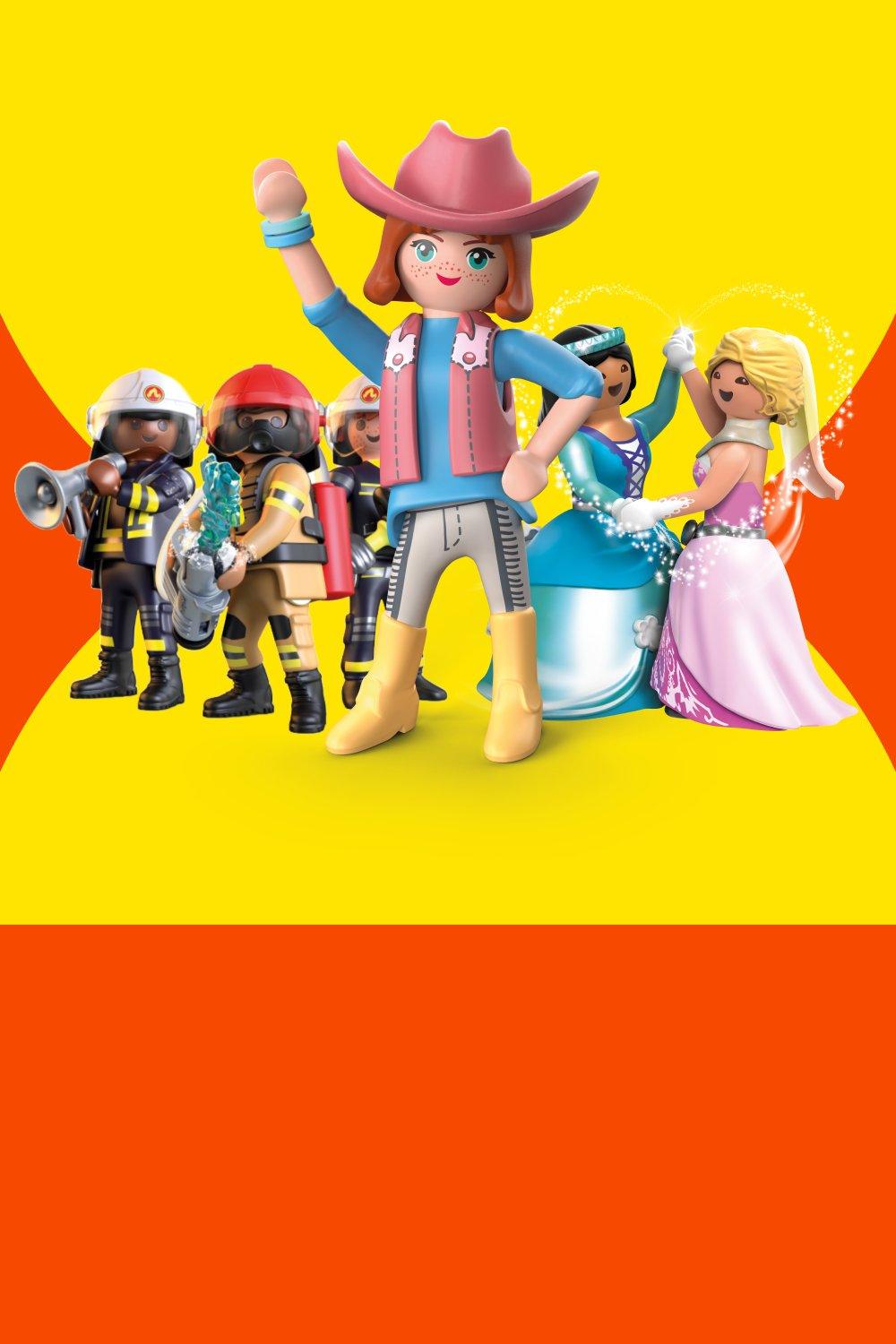 Verschiedene PLAYMOBIL&reg; Figuren &ndash; von Feuerwehr und Cowgirl bis Prinzessin auf gelben Hintergrund &ndash; w&auml;hle deine Lieblingsfigur!