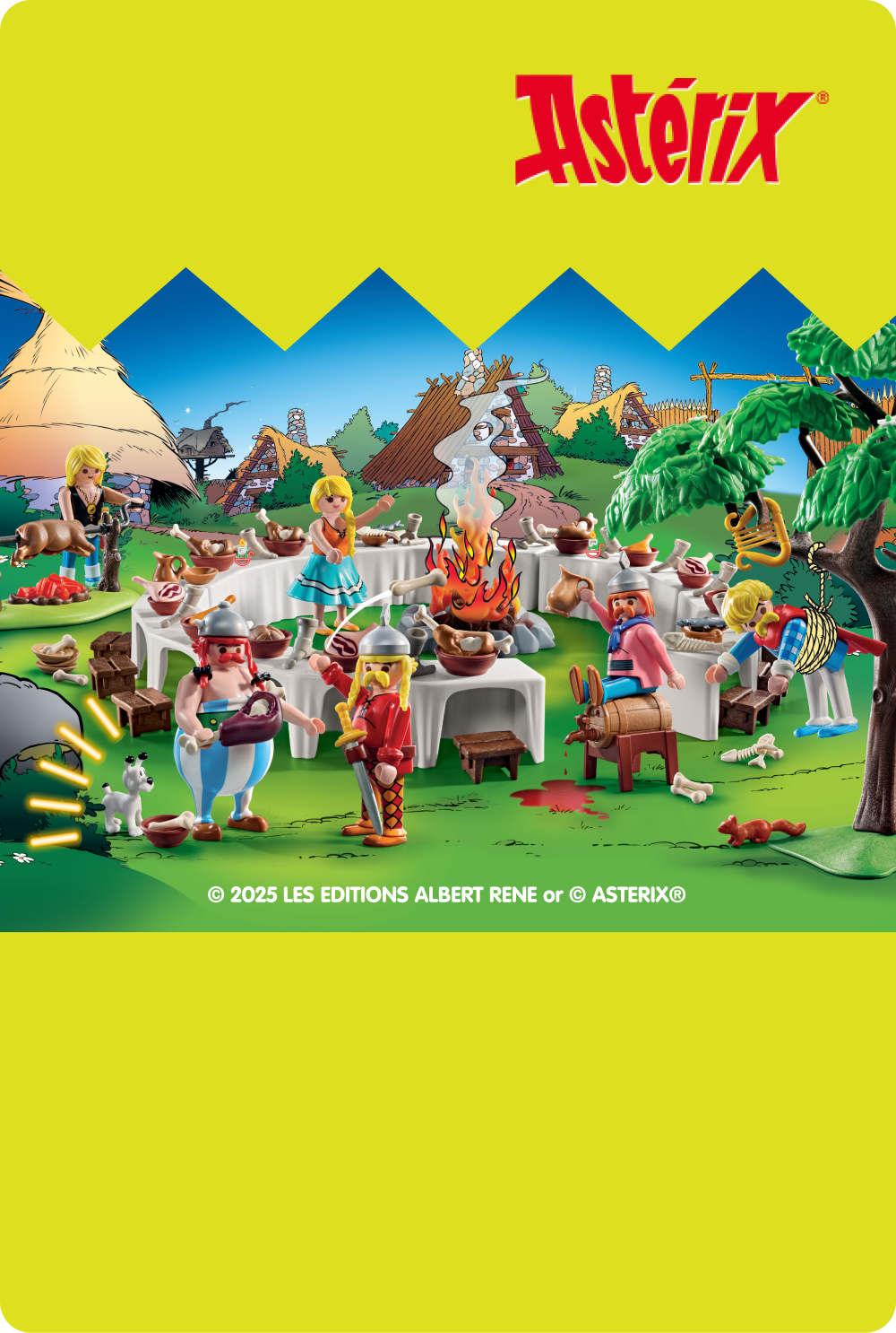 Figurines PLAYMOBIL Ast&eacute;rix en pleine f&ecirc;te de banquet gaulois avec tous les personnages embl&eacute;matiques.