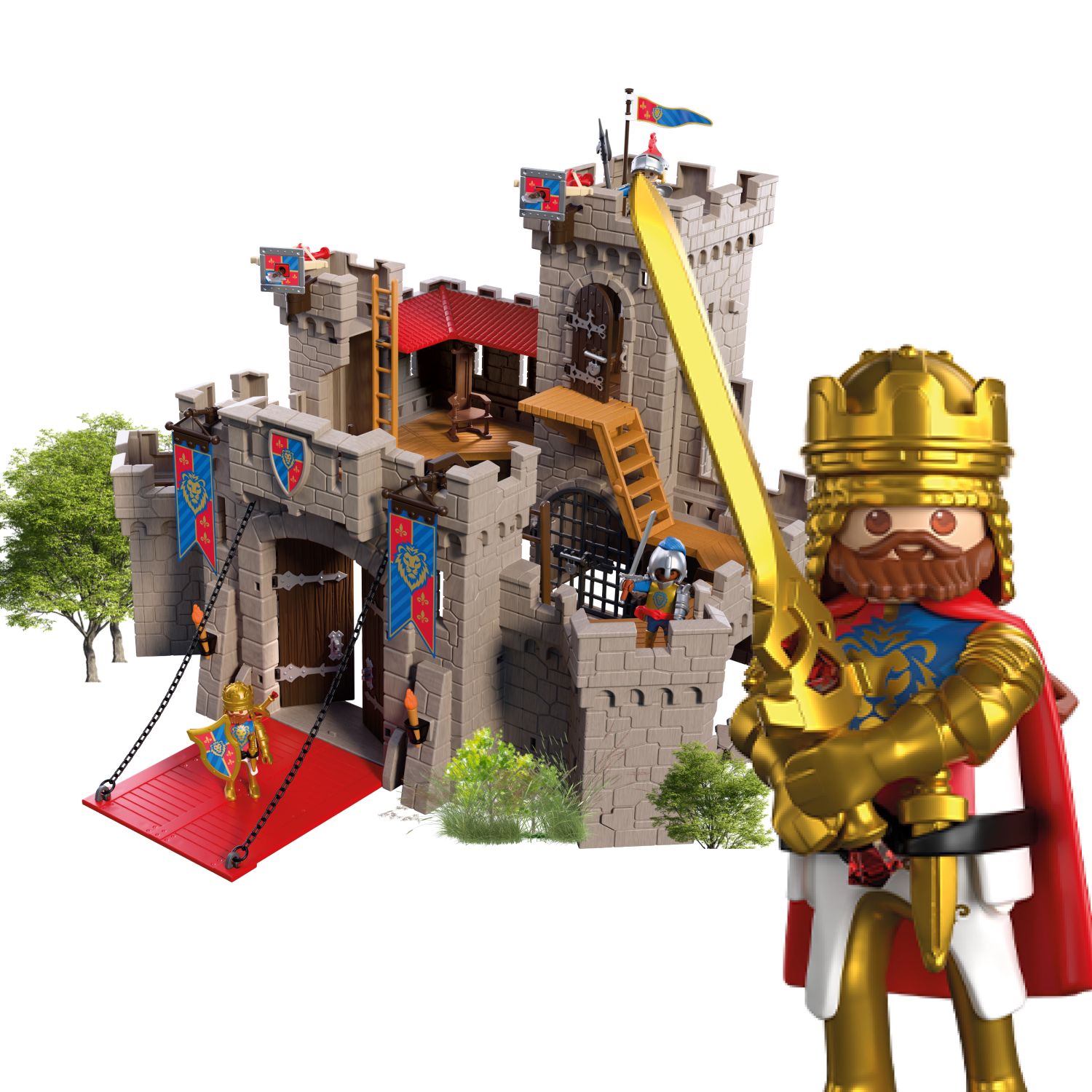 Playmobil fantasy king holding a golden sword faces a fire-breathing dragon in a majestic mountain kingdom landscape, featuring medieval adventure, fantasy battles, and royal castle themes.
